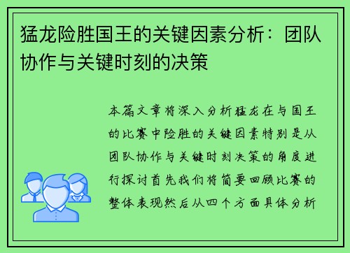 猛龙险胜国王的关键因素分析：团队协作与关键时刻的决策